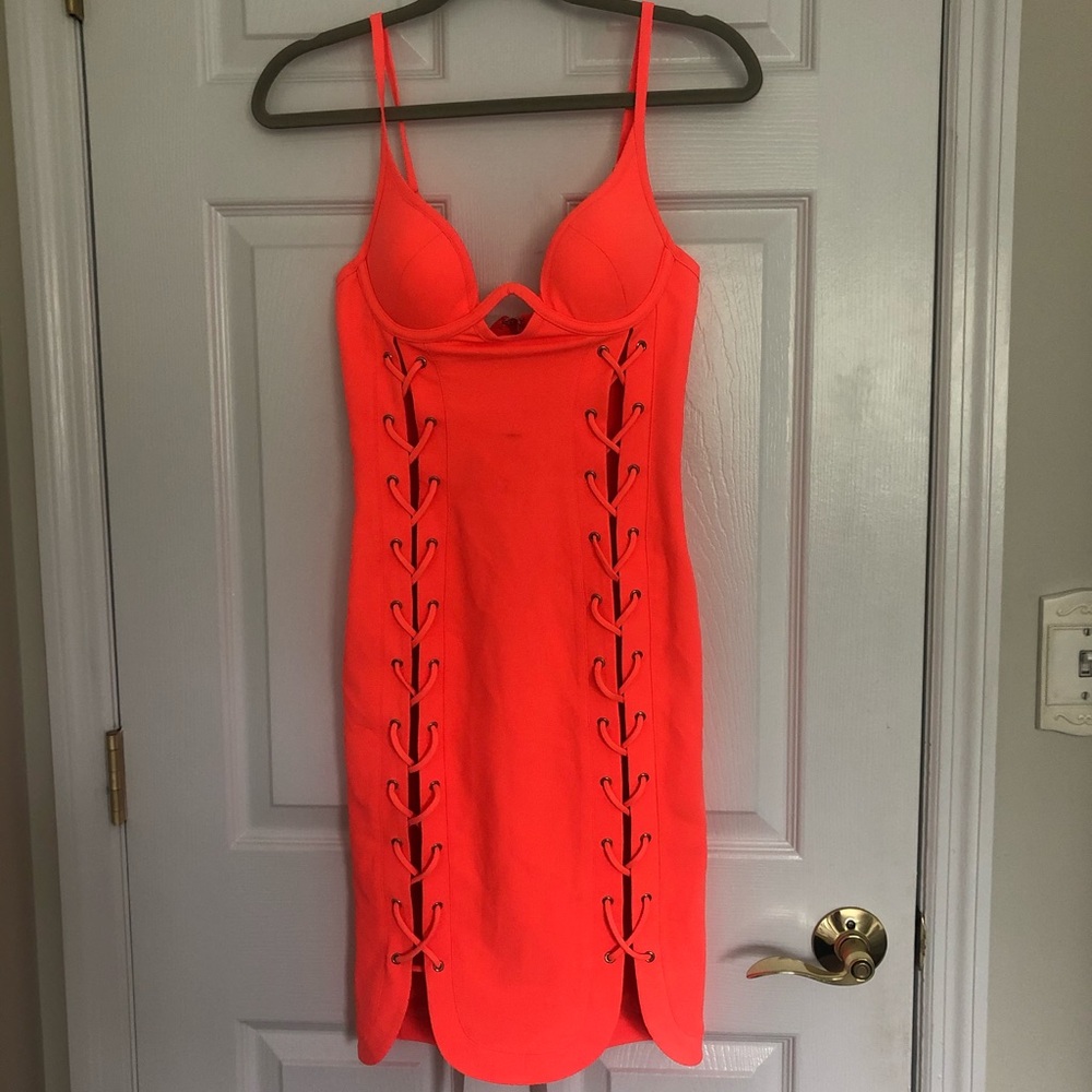 House of CB Neon Lace Up Neon Dress
